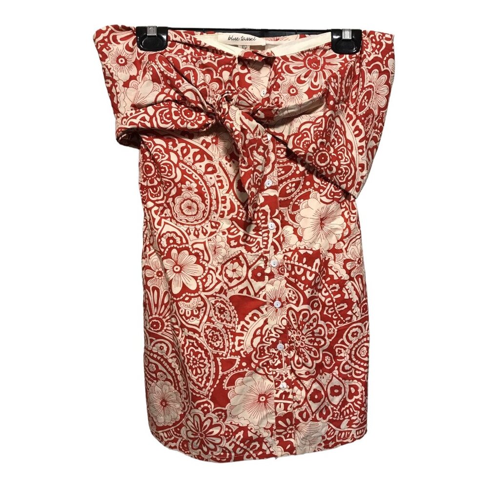 Blue Tassel Rust Cream Floral Pattern XS Tie in Front Women's NWT Strapless Dres